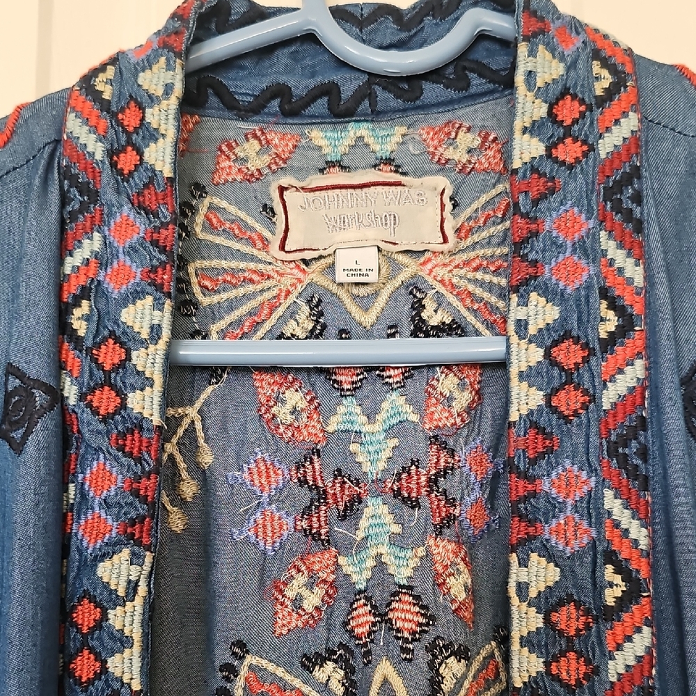 Johnny Was Piper Shirt Tail Kimono Boho Embroidered Large Preowned - Picture 13 of 14